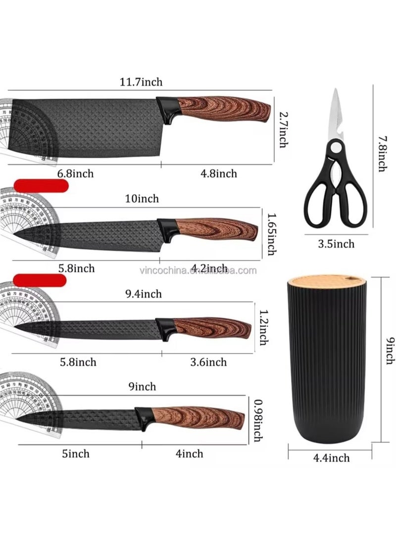 طقم سكاكين مطبخ، طقم سكاكين مكون من 6 قطع، طقم سكاكين طهاة من الفولاذ المقاوم للصدأ غير لاصق وغير قابل للانزلاق مع حامل سكاكين متعدد الاستخدامات مناسب للمنازل والمطاعم (أسود) - Image 3